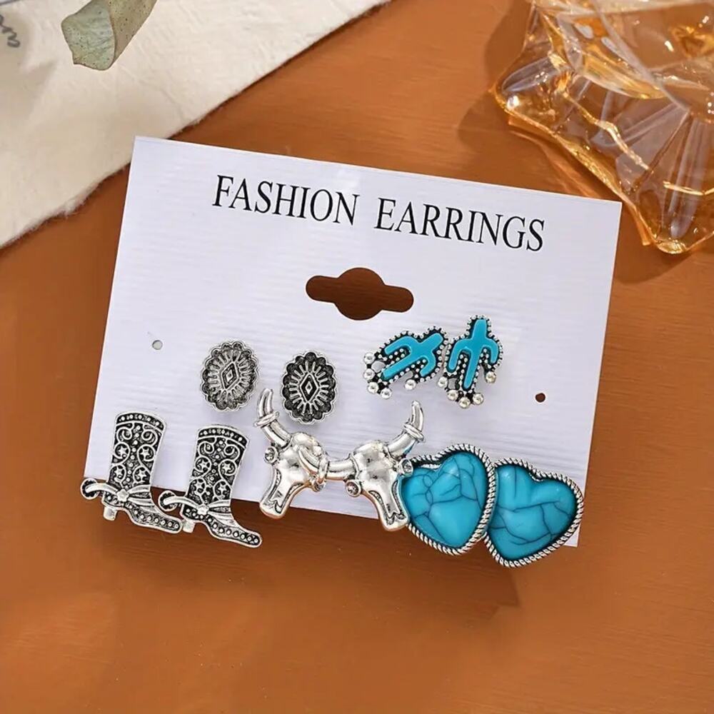 NEW 5 Pairs Silver Western Bull Head, Cactus, Boots & Turquoise Earrings Set